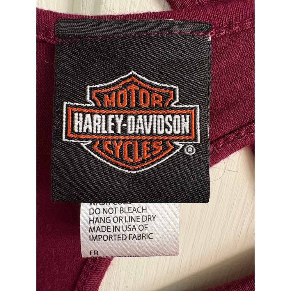 Harley Davidson Womens XL Rhinestone Logo Tee Burgundy Crisscross Back Shirt - Picture 5 of 9